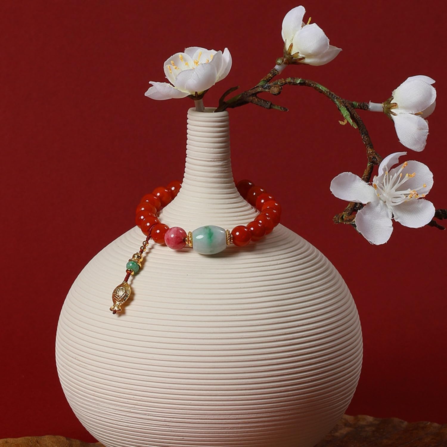 S925 Sterling Silver Jadeite Bracelets, Red Agate Jadeite Pearl Beaded Barrel Bead Rhodonite Dzi Bracelet with Lucky Koi Fish Charm, Gift for Friend on Birthday - Image 6