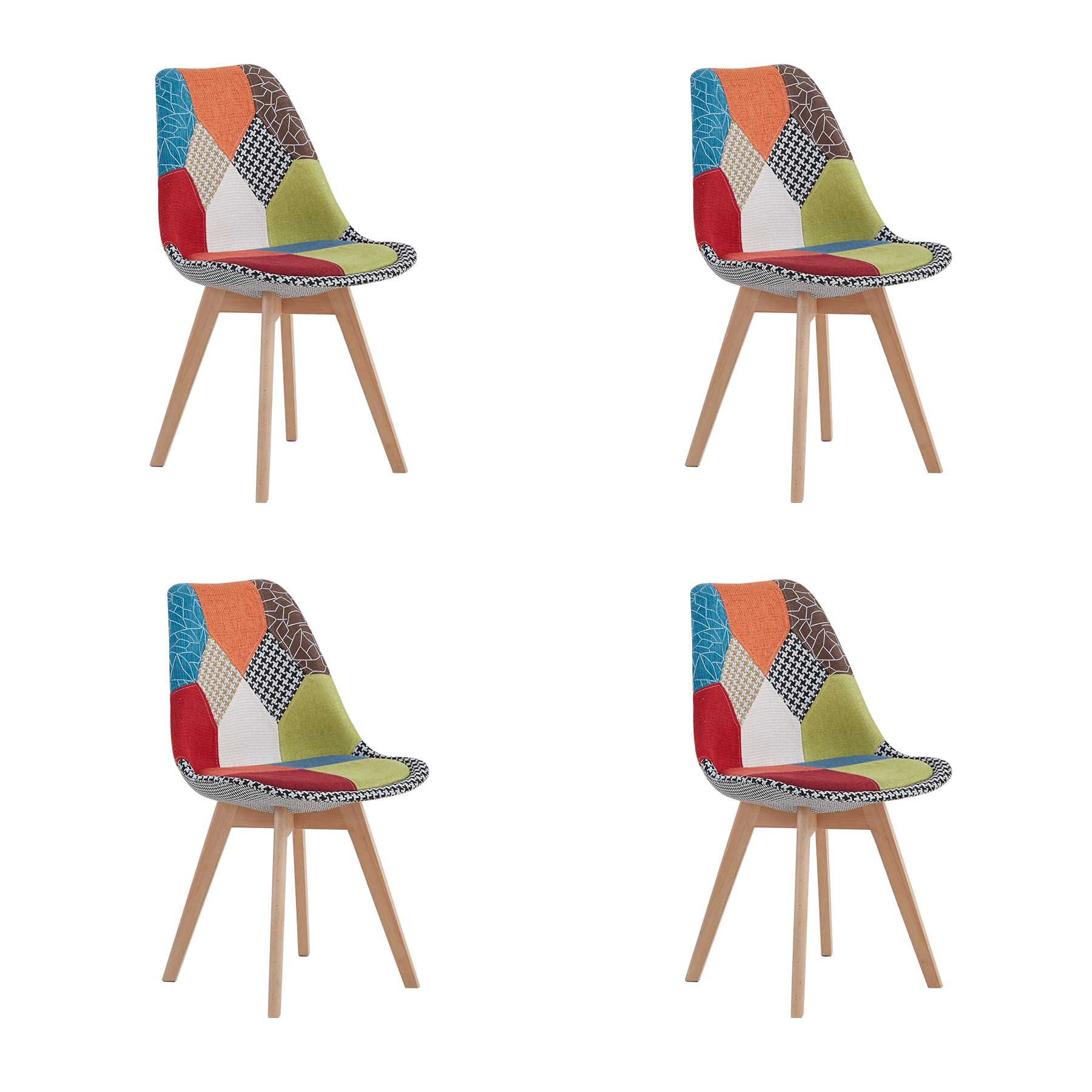 HJhomeheart Set di 4 Sedie da Pranzo in Tessuto Patchwork con Cuscino del Sedile e Gambe in Legno Massello per Sala da Pranzo, Soggiorno, Cucina, ecc.Rosso