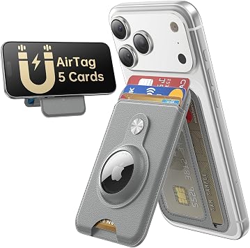 TWZKG for MagSafe Wallet with Airtag Holder, 5 Card Holder with Stand, Magnetic Phone Wallet Stand for iPhone 17/16/15/14/13/12 Pro Max Air Plus Series, RFID Blocking Vegan Leather,Grey