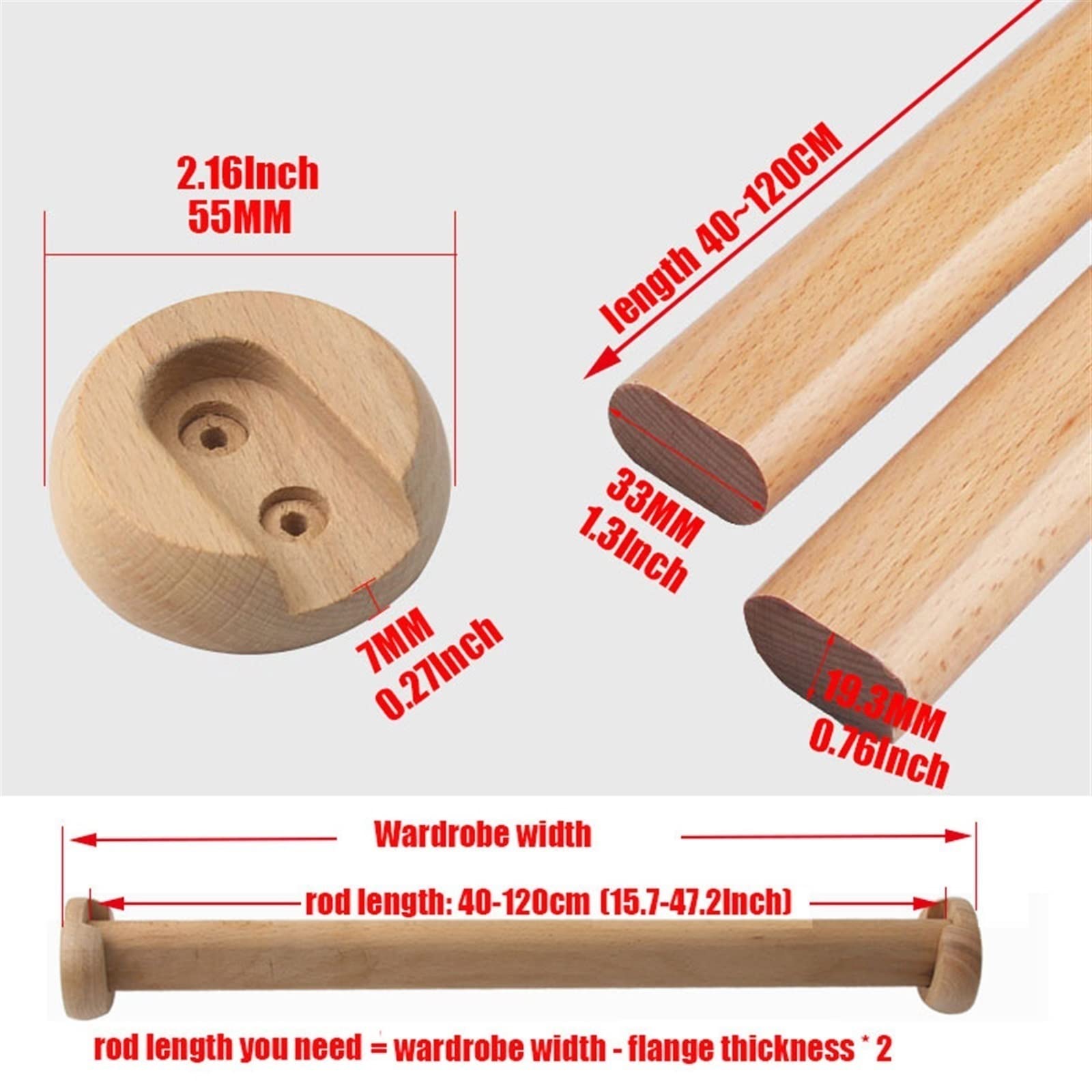 Ronde houten stok ophangstang, kledingophangstangen, kledingkastrailstang for garderobegordijn(105cm/41.34in