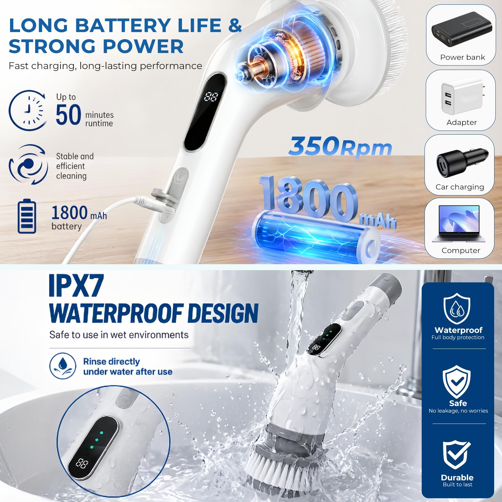 Brosse Nettoyage Electrique Rotative, Brosse Electrique Nettoyage avec 9 Têtes Interchangeables, Manche Réglable, IPX7 Étanche, 3 Vitesses, Electric Spin Scrubber pour Salle de Bain, Cuisine, Voiture