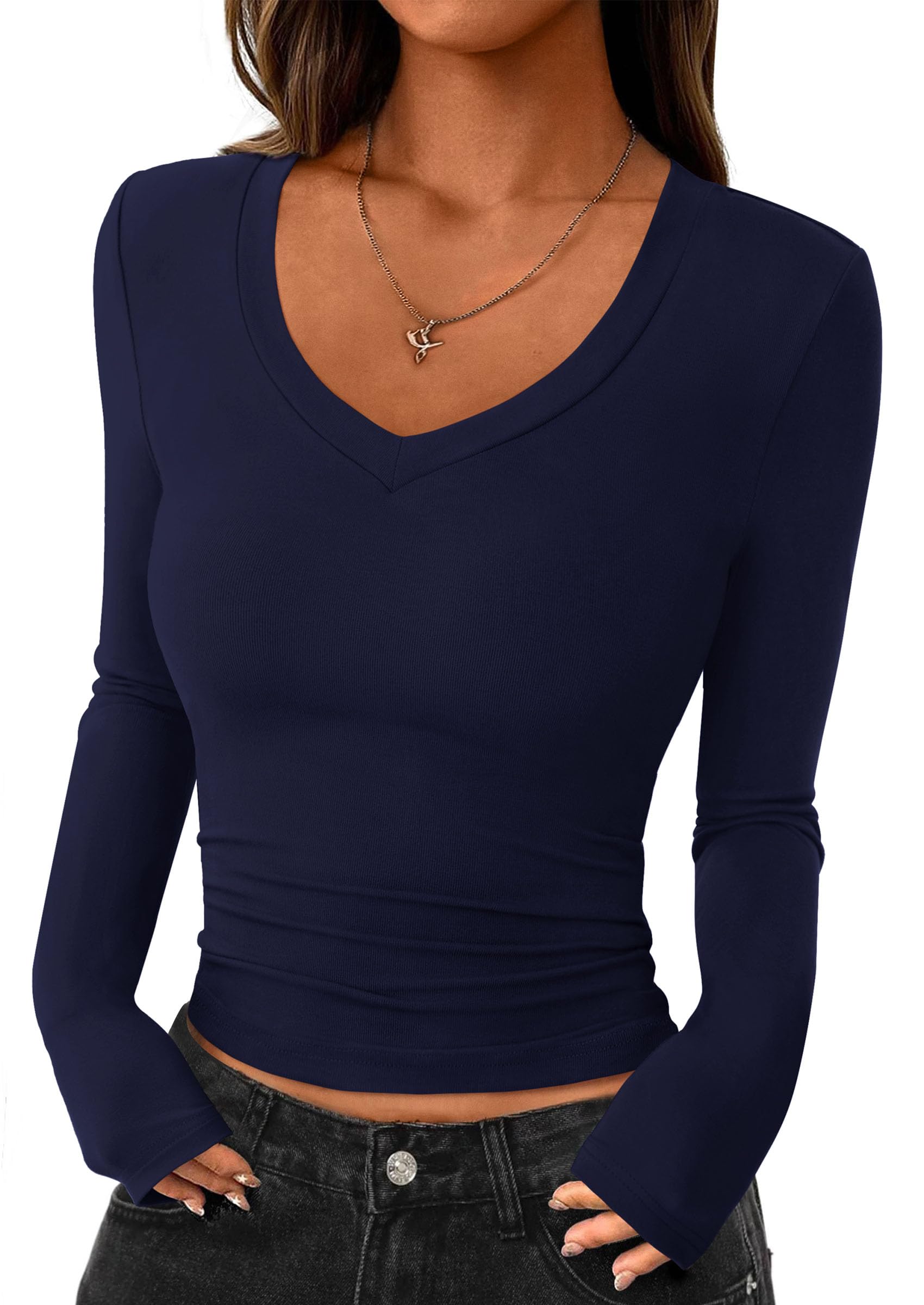 Prettygardenwomens Long Sleeve T Shirts 2025 Fall Trendy Deep V