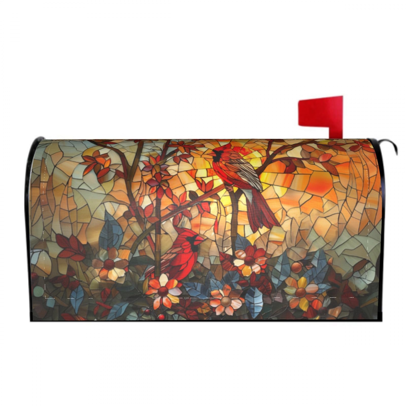 Stained Glass Cardinal Birds Mailbox Covers Magnetic Wraps Post Letter Box Cover Garden Home Decor 25.5x21 in