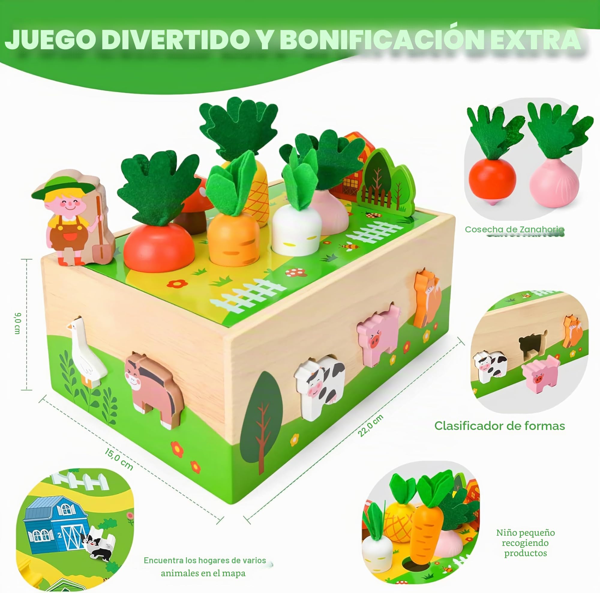 Montessori Juguete de madera para niños de 1, 2 y 3 años, juego de granja con animales y verduras, regalo para niñas y niños