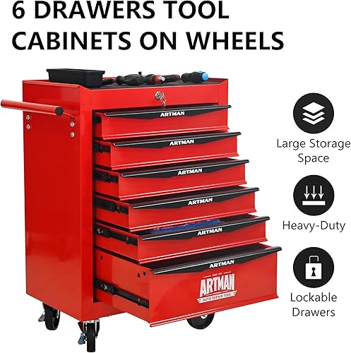 Miniatura 7 de Caja de herramientas con ruedas, caja de herramientas mecánica con 6 cajones, organizador de caja de herramientas con 7 cajas de almacenamiento de