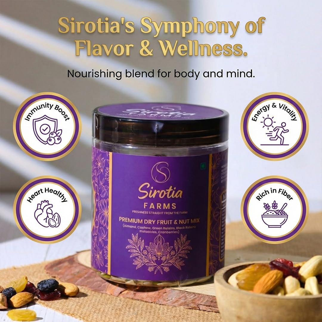 Sirotia Farms Premium Dry Fruit & Nut Mix, 200g, Rich in Dietary Fiber, Magnesium & Phosphorus, Source of Protein, Flavourful & Crunchy Snack, Almonds, Cashews, Green Raisins, Black Raisins, Pistachios, & Cranberries 4