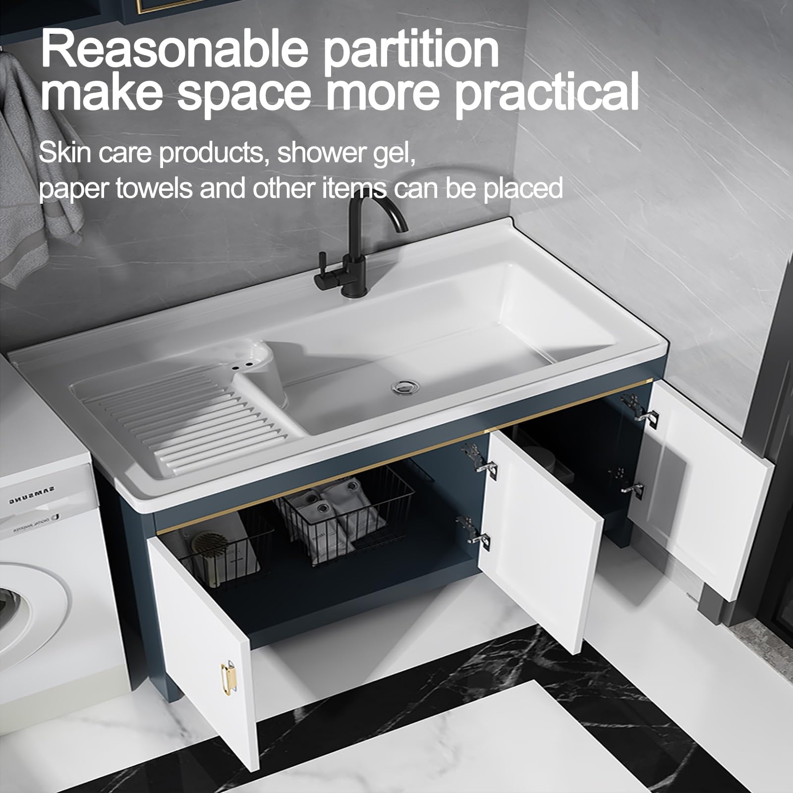 Freistehende Utility-Sink mit Schrank, Keramik-Waschbecken und Wasserhahn für Waschküche, Garten im Freien, Garage Handwaschstation, Raum Aluminium-Eterzboden mit Lagerung