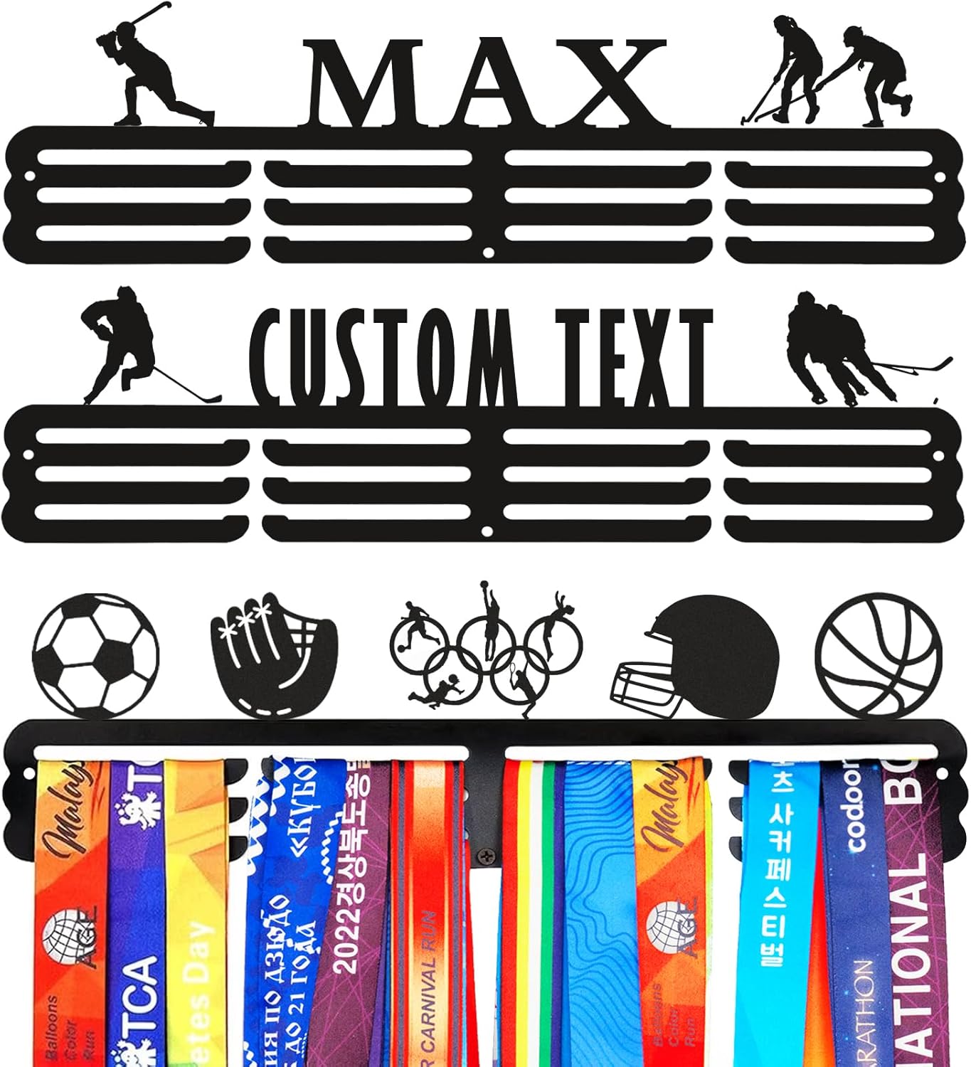 Personalized Medal Holder with Name Display Rack for Awards Ribbons - Metal Custom Sports Race Plaques Hanger for Wall Mount Hold Up 60 Medal Hanger Display for Athlete Boy Girl Kid