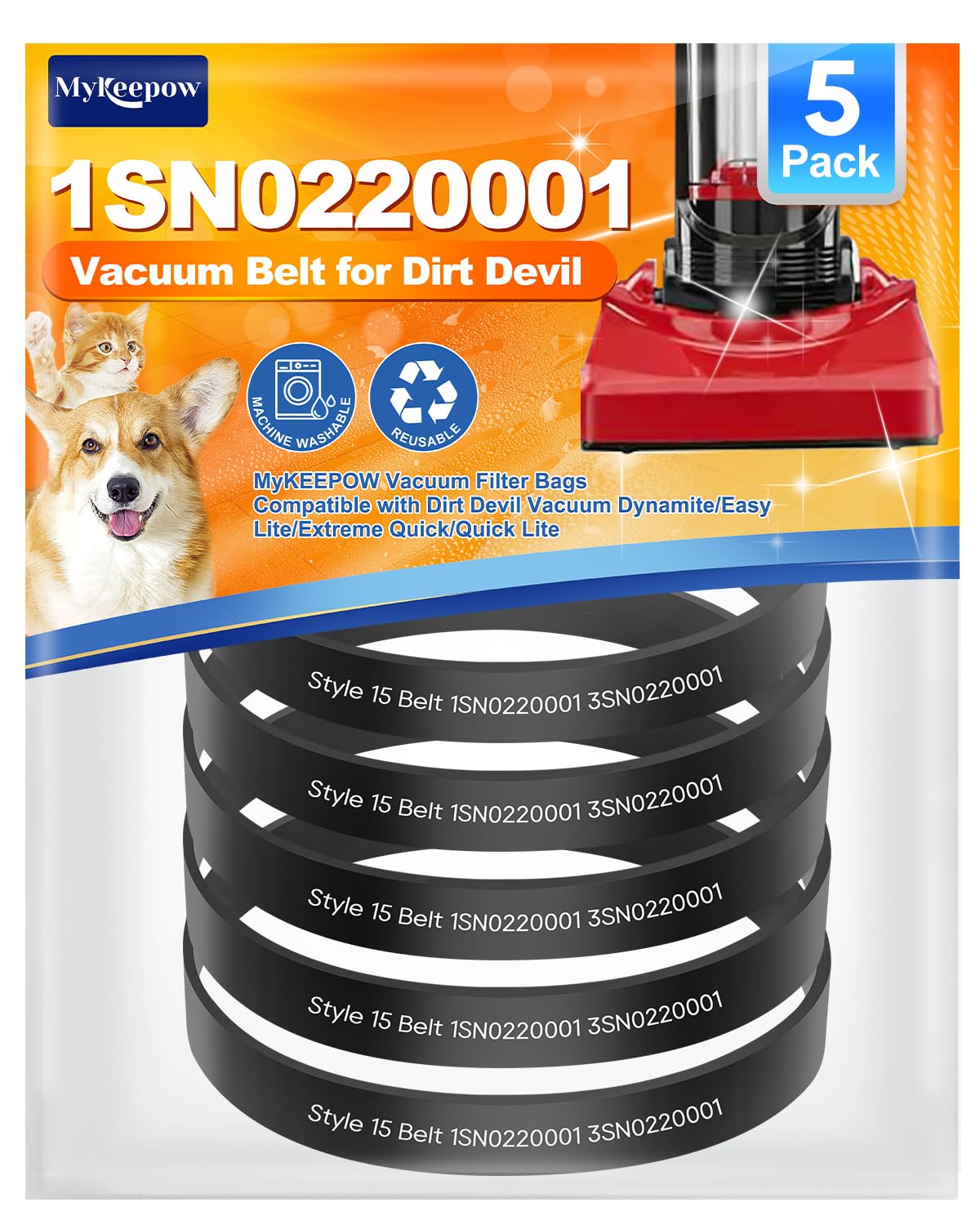 MyKEEPOW Style 15 Replacement Belts for DirtDevil Style 15 Dynamite and Power Express Upright Vacuum Cleaner, Replace Parts 1SN0220001 & 3SN0220001, 5