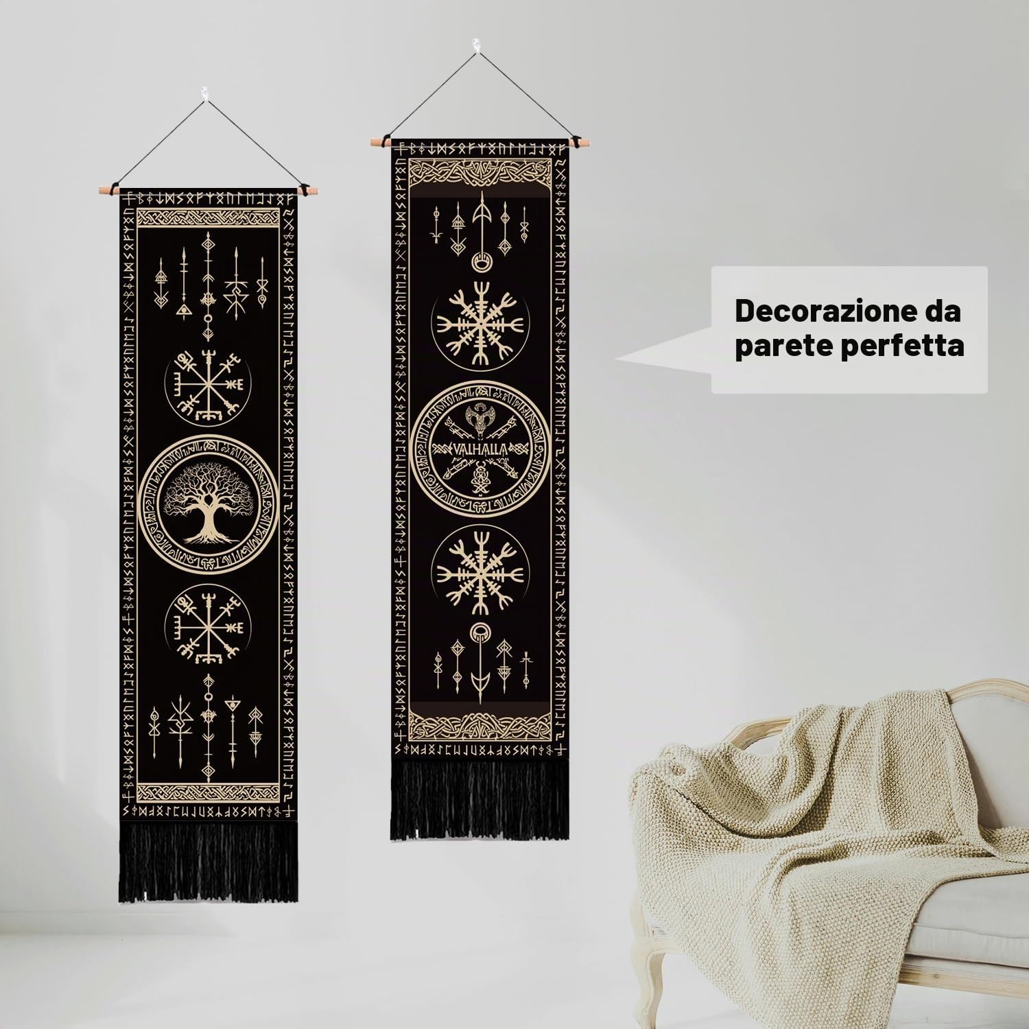 PLIGREAT Confezione da 2 Arazzi Vichinghi con Simboli e Nappe, Arazzo con Albero della Vita, Arazzo Estetico Verticale, Decorazione per Casa, Arazzo per Camera da Letto, Bagno, Soggiorno, Decorazione