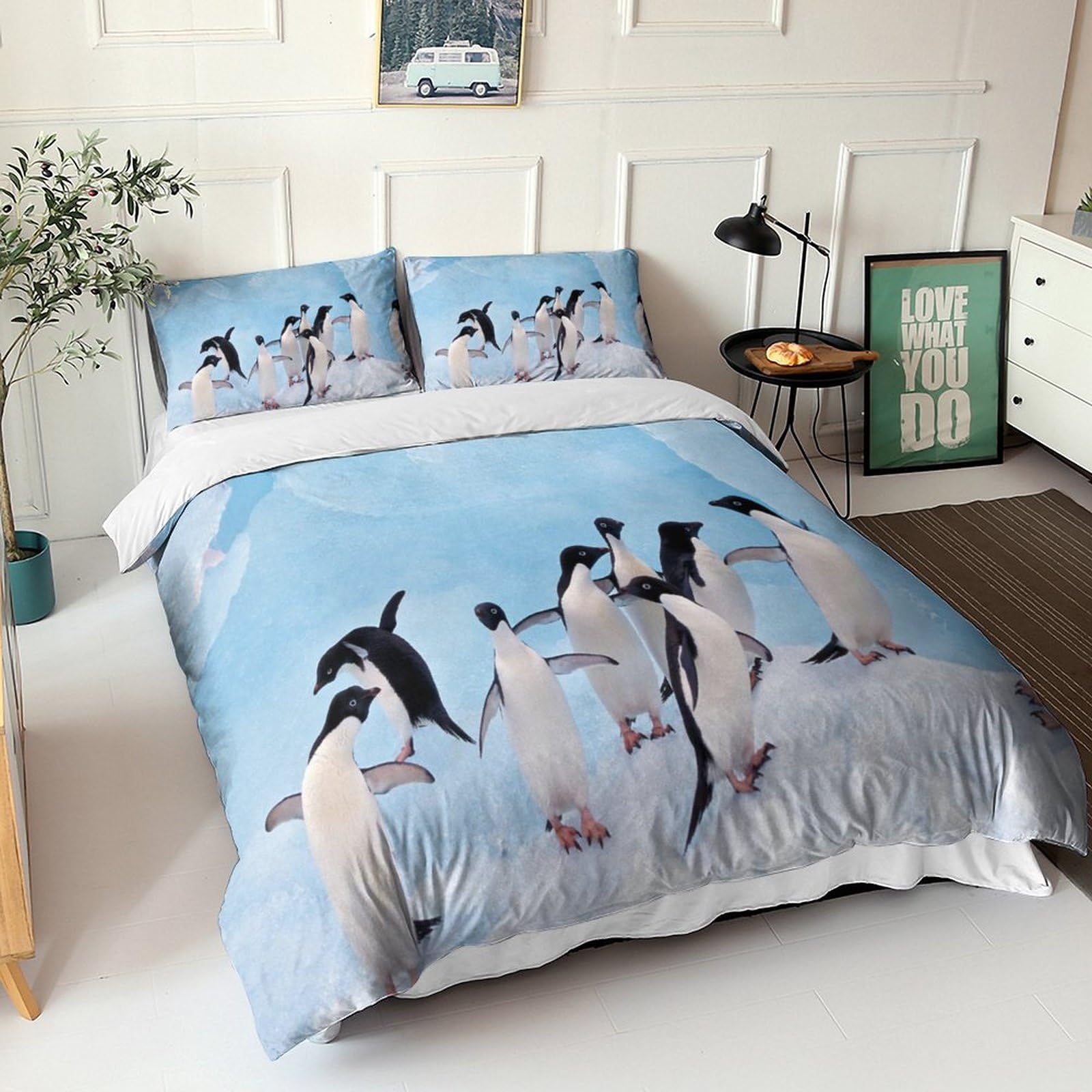 Parure de lit pingouin 3 pièces ensemble de literie 220x240 housse de couette et taies d'oreiller