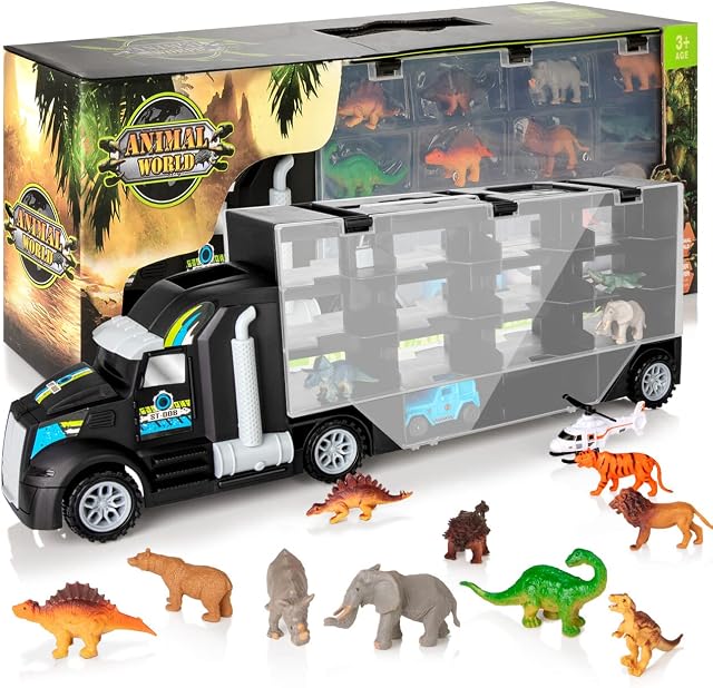 KIDWILL Dinosaur Transport Truck, Dinosaur Toys Truck Carrier Toy Car with Dinosaurs Wild Life Car Helicopter, Portable Handle Best Dinosaur Toy for Boys Girls Age 3+(Black)