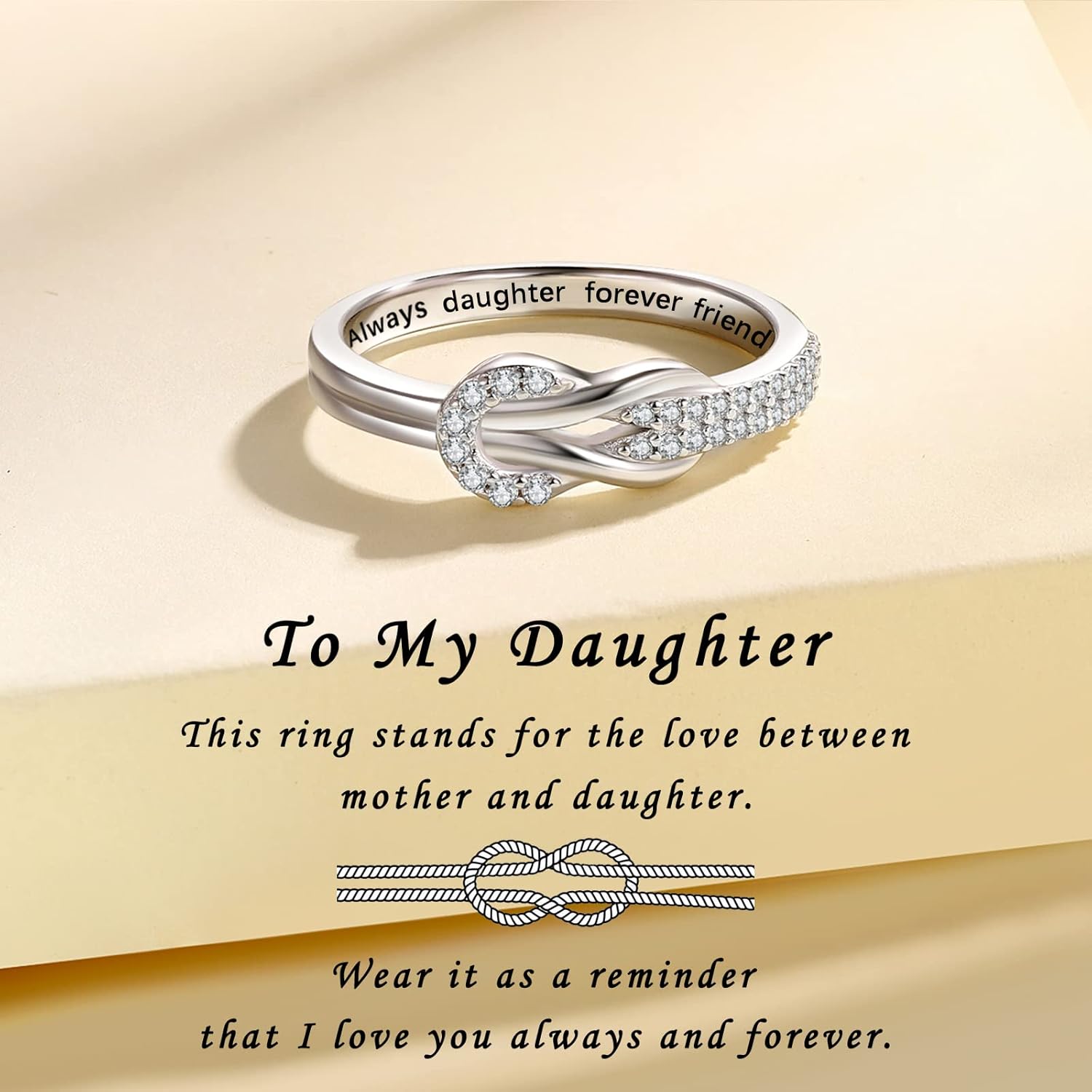 Love Between Mother Daughter Ring for Women S925 Sterling Silver Square Knot Ring Engraved "I Love You Forever" Mothers'Day Birthday Christmas Jewelry Gift for Mother Ring Daughter Grandma - Image 2