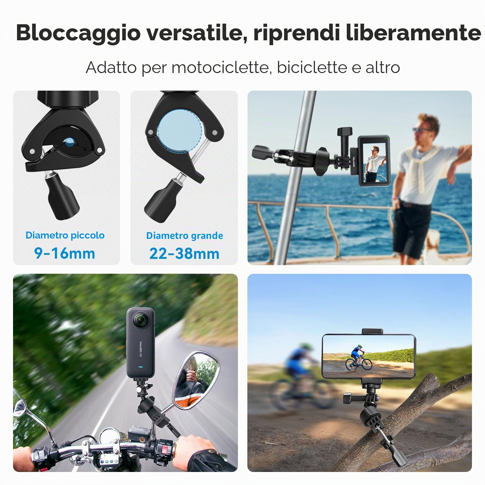 AFAITH Supporto Manubrio Moto Bici per Gopro Hero 12 11 10 9 8 7 6, 360° Ruotabile Leggero Moto Supporto Tubo Morsetto per Insta360 Action Cameras