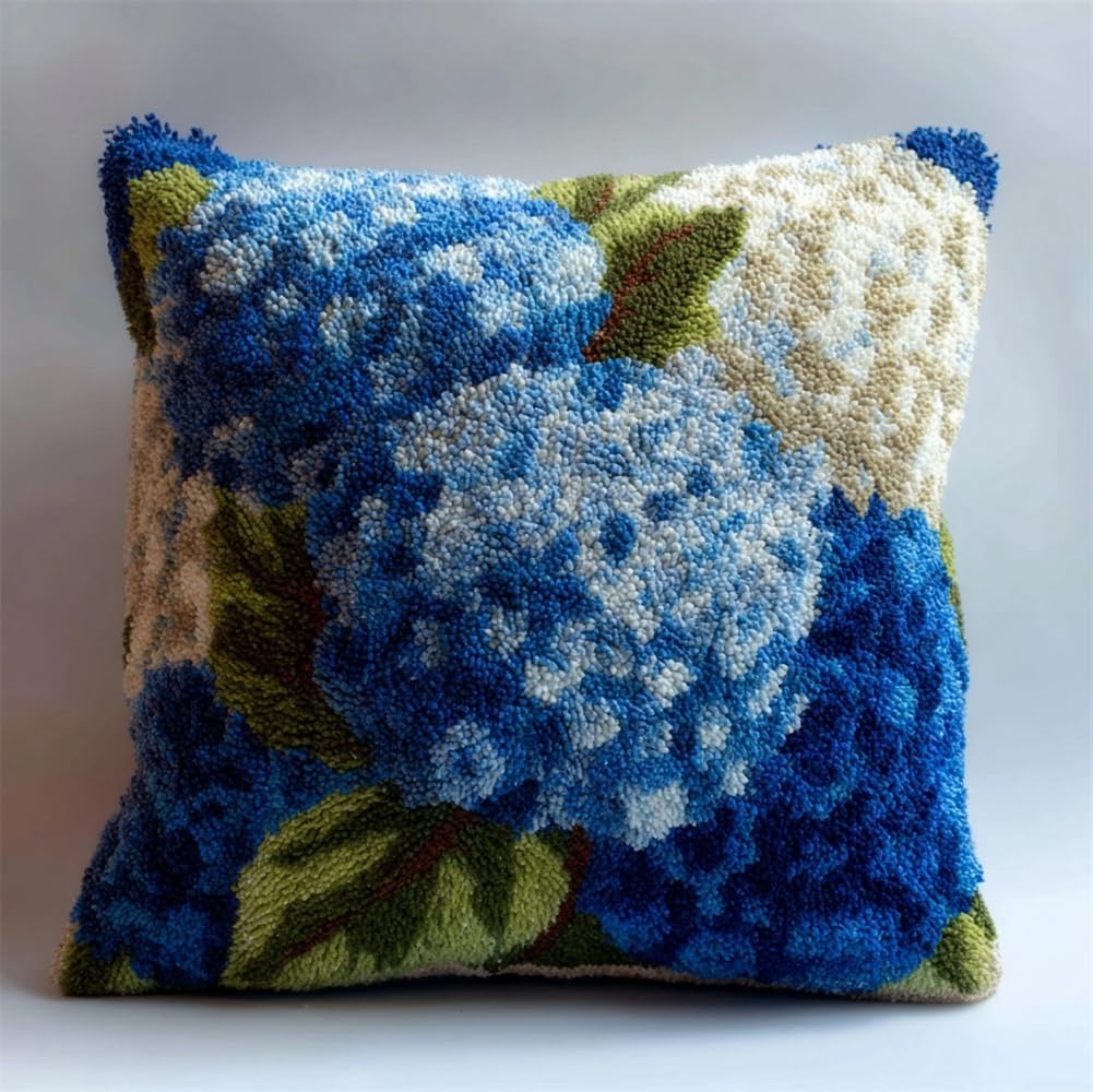 kitphoenix 3D Pillow Latch Hook Embroidery Kits Hydrangea DIY Pillow Materials Package Crocheting Rug Yarn Cushion Embroidery Set Fit for Beginners Embroidery Kit Pillowcase Cushion 17X17Inch