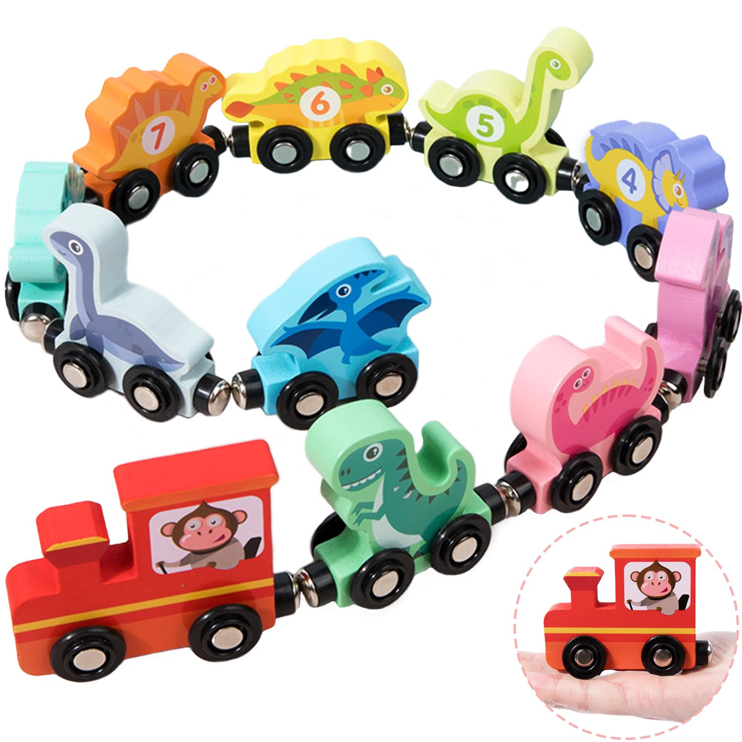 Wooden Train Set with Dinosaur Toys, Snap-Connection Dinosaur Train, Matching and Magnetic Number Train Learning Toys, Fine Motor Skill Educational Toy Gift for 3 4 5 Years Old Kids