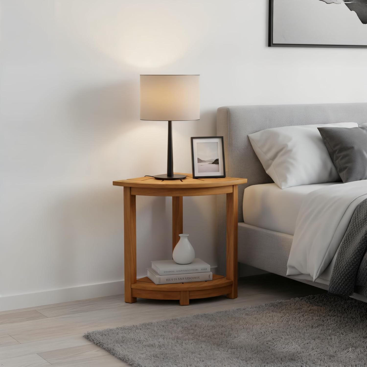 Acacia Wood Corner Shower Stool - Waterproof Triangular Bathroom Bench with Storage Shelf & Soap Dish for Shaving, Natural Wood (17.9x12.7x16.5)