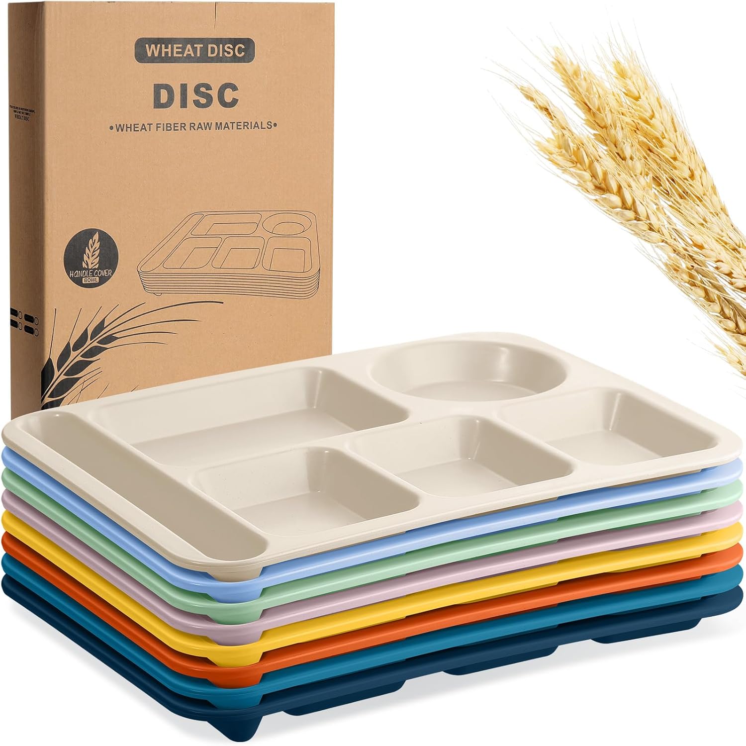 Pinkunn 8 Pcs Large 14 Inch Wheat Straw Divided Plates Unbreakable Divided Dinnerware Set Microwave & Dishwasher Safe Lunch Tray Lightweight Plates (Bright Color)