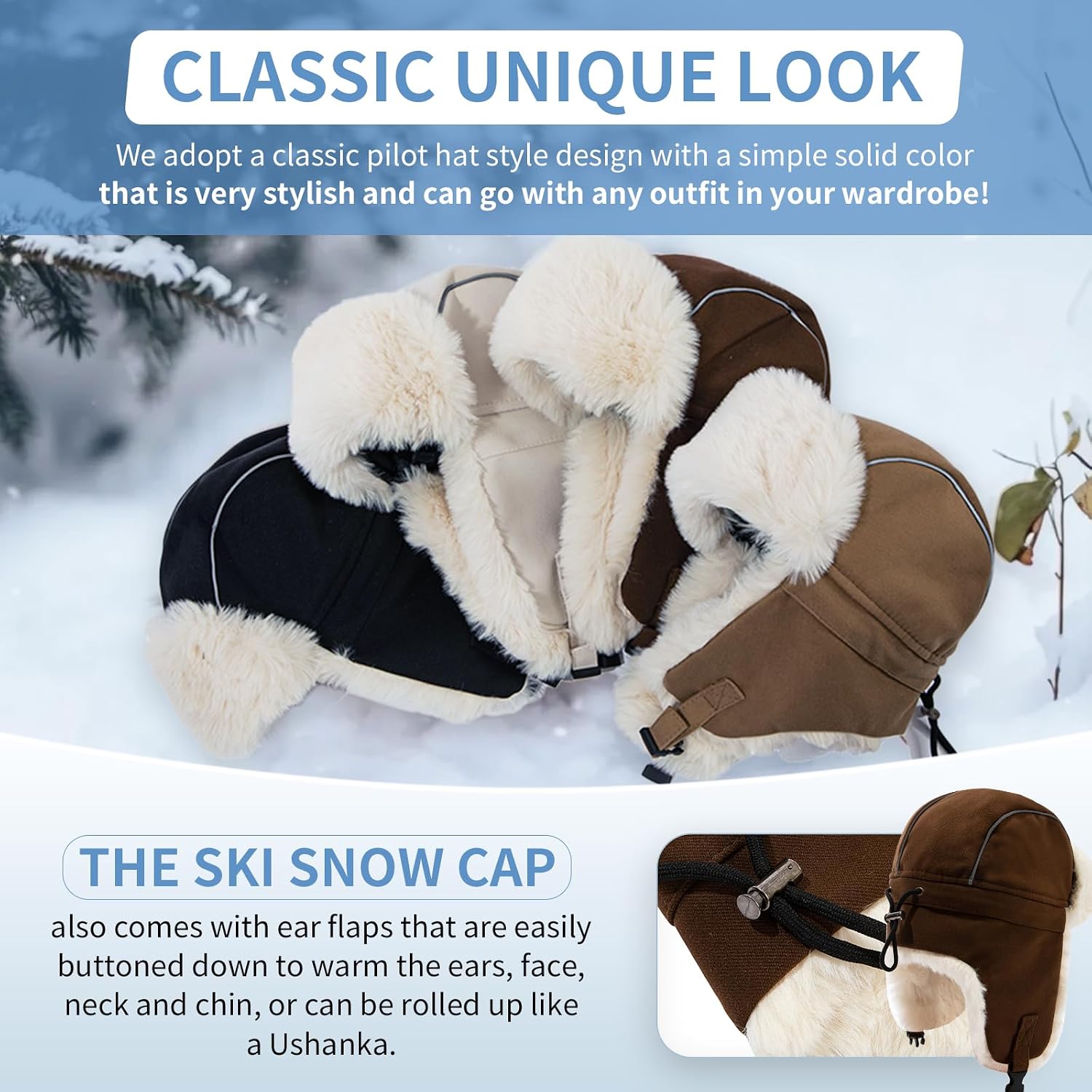 Faux Fur Trapper Hat Womens Winter Hats with Ear Flaps Ushanka Russian Hat for Men Cossack Hunter Cap Eskimo Ski Hat