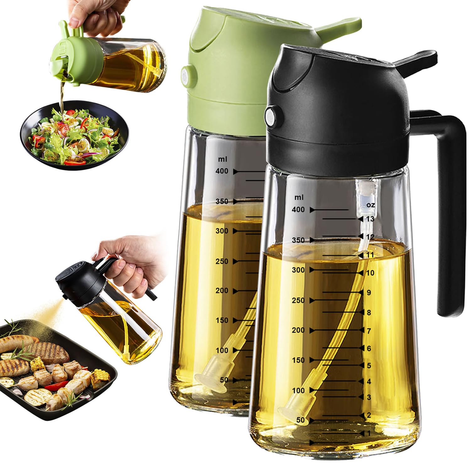 TrendPlain 16oz/470ml Glass Olive Oil Sprayer for Cooking – 2 in 1 Olive Oil Dispenser Bottle for Kitchen Gadgets and Air Fryer Accessories, Salad, BBQ - Black & Green