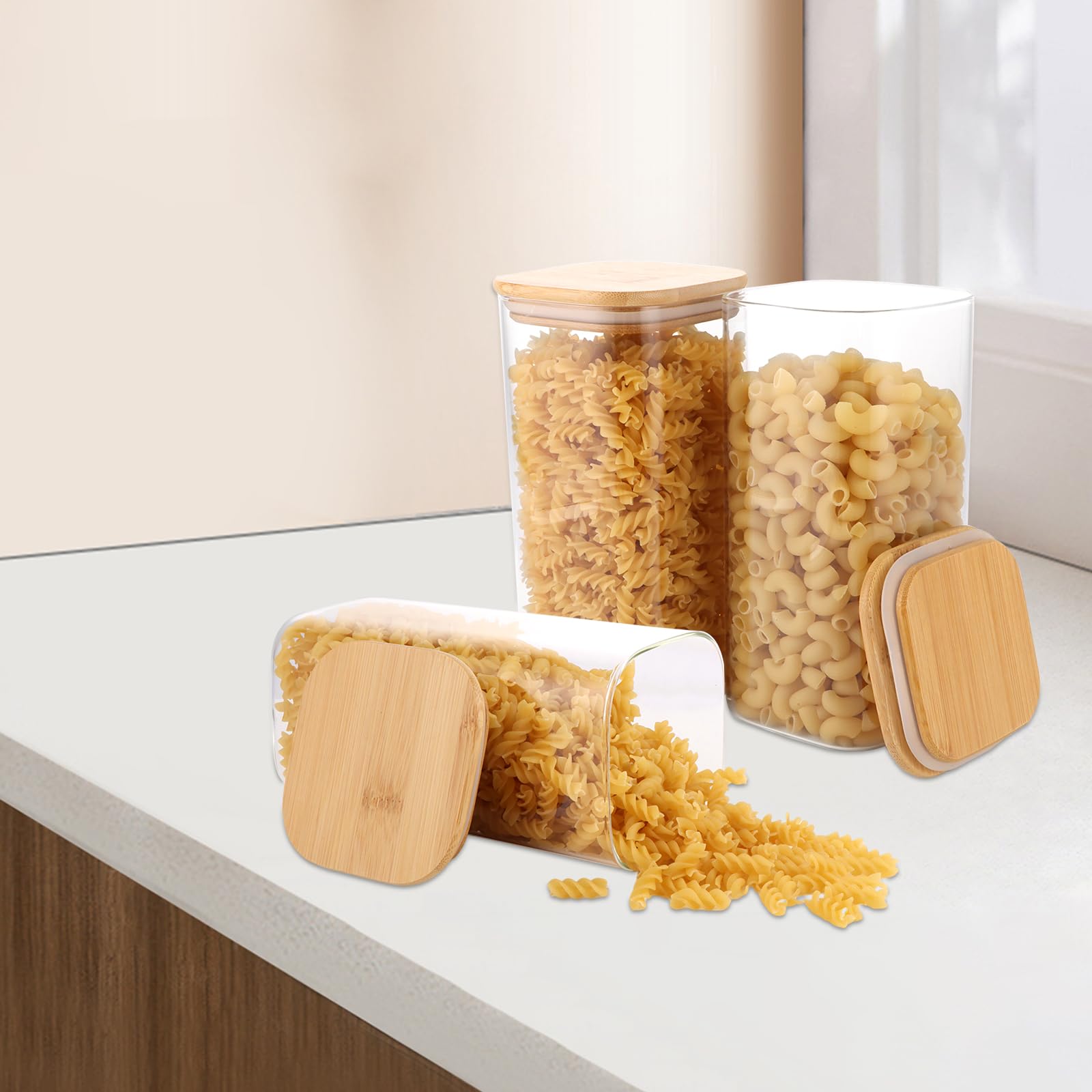 5 vasetti con coperchio, 1500 ml, contenitori ermetici in vetro con coperchio in bambù, barattoli per cereali e noci