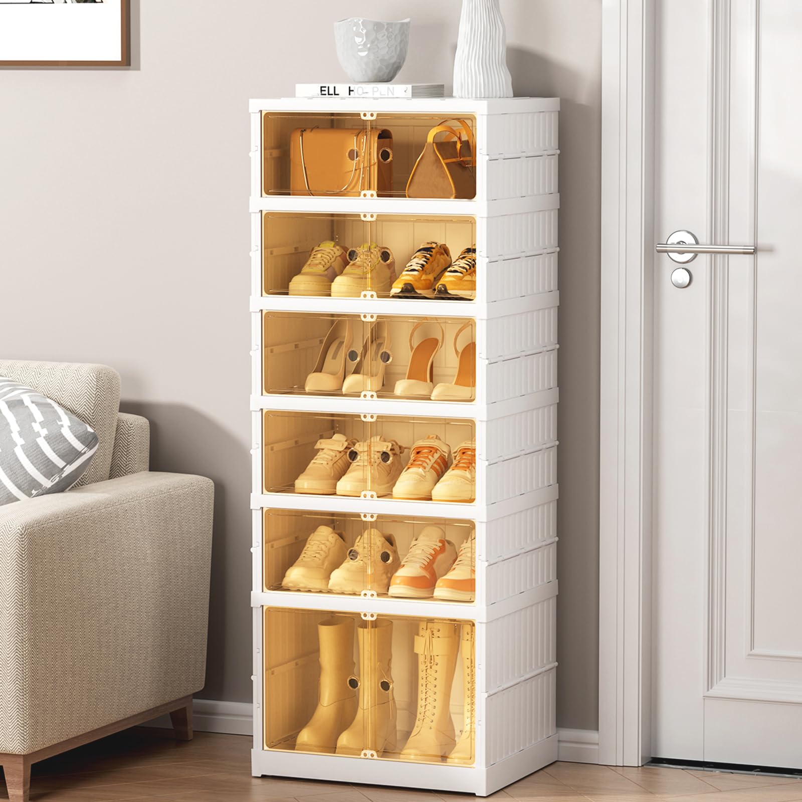 ZUIYIN 6 Tiers Collapsible Shoe Storage Organizer, Shoe Storage with Magnetic Clear Door, Integrated 3 Min Quick Installation, Portable Shoe Organizer for Closet,Entryway, Garage 6 Tiers 12 Pairs