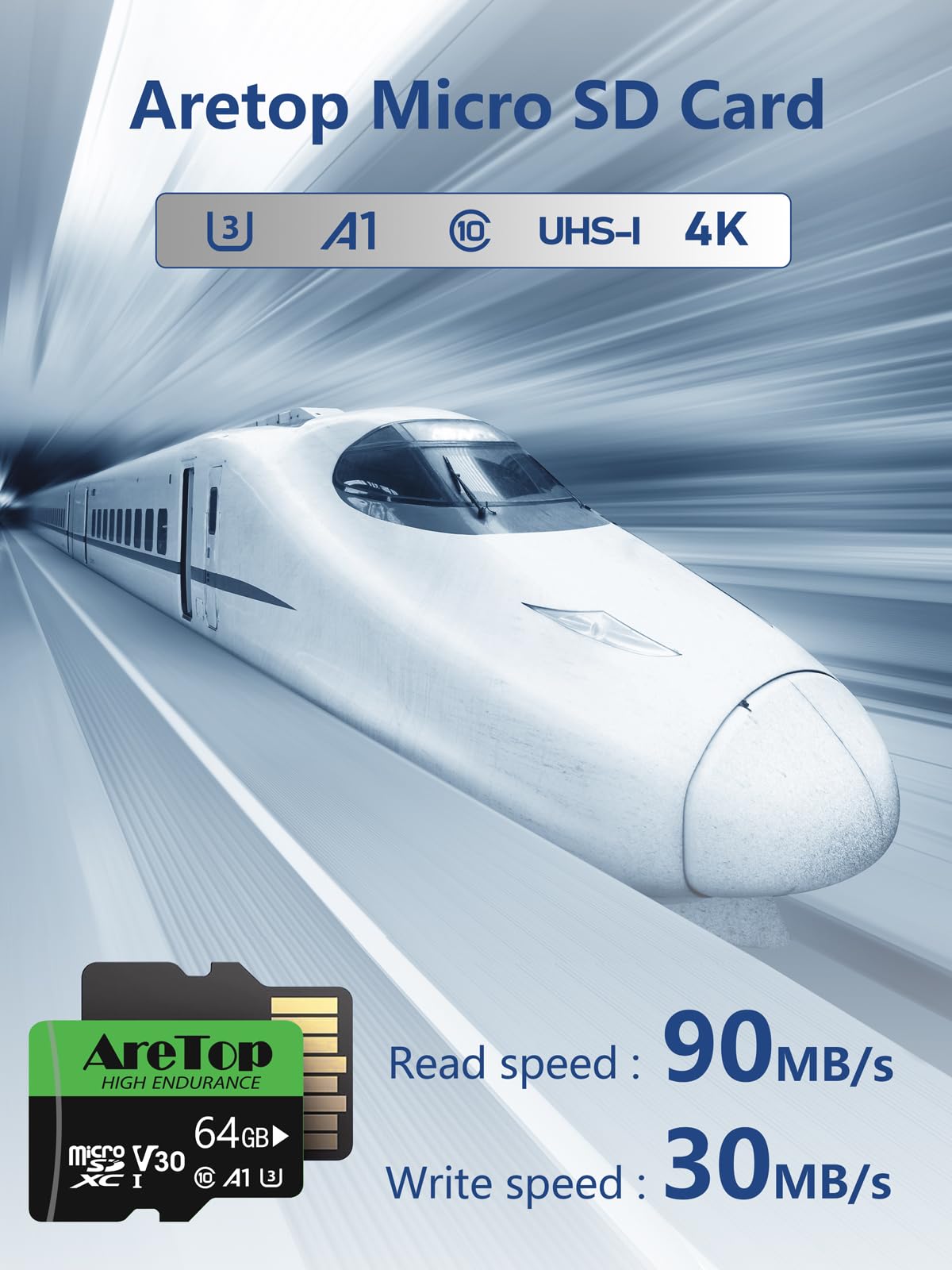 Aretop Micro SD Card da 64 GB, MicroSDXC, confezione da 2, C10, U3, V30, UHS-I, A1, scheda di memoria micro con adattatore SD, scheda TF per Tablette/Drone/Dash