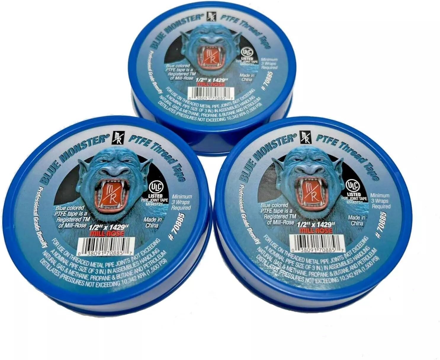 Milrose 70885 Blue Monster 1/2 Inch x 1429 Inch Blue Teflon Tape (3 Pack)