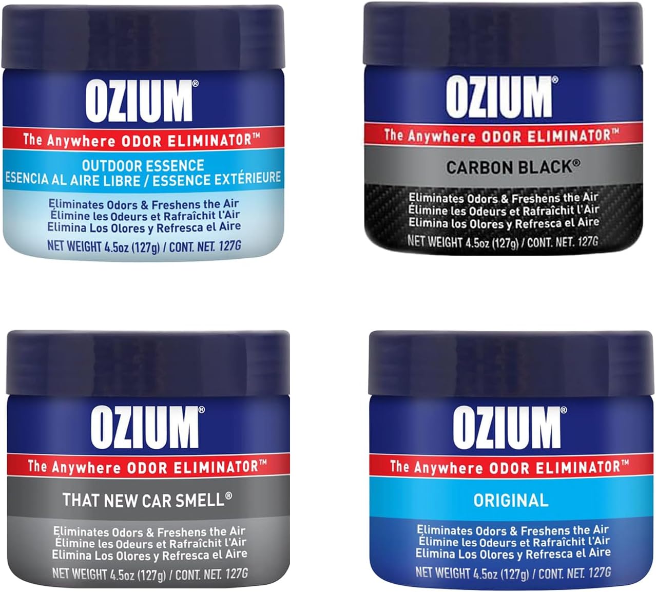 Ozium 4.5 Oz. Odor Eliminating Gel for Homes, Cars, Offices and More (Original + Carbon Black + Outdoor Essence + That New Car Smell), 4 Pack Variety