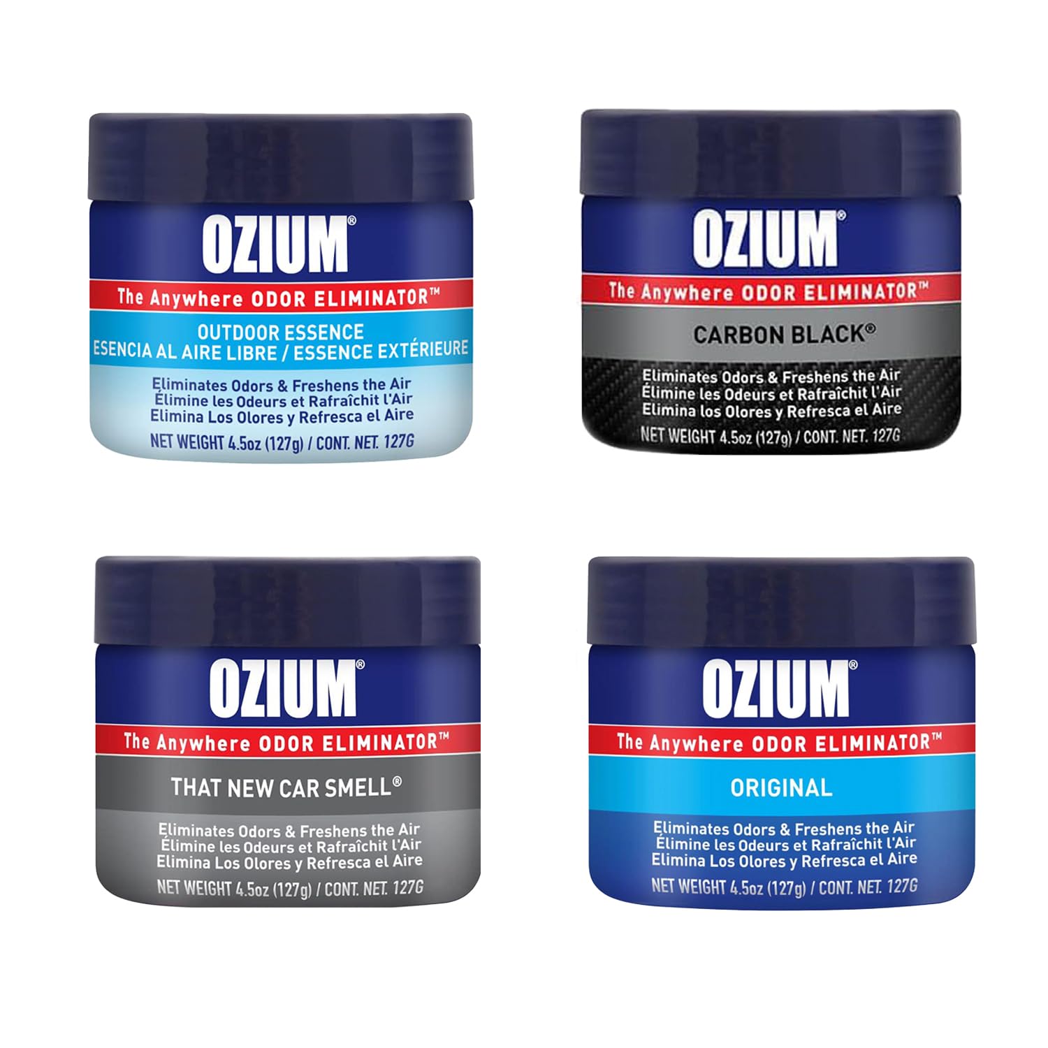 Ozium 4.5 Oz. Odor Eliminating Gel for Homes, Cars, Offices and More (Original + Carbon Black + Outdoor Essence + That New Car Smell), 4 Pack Variety