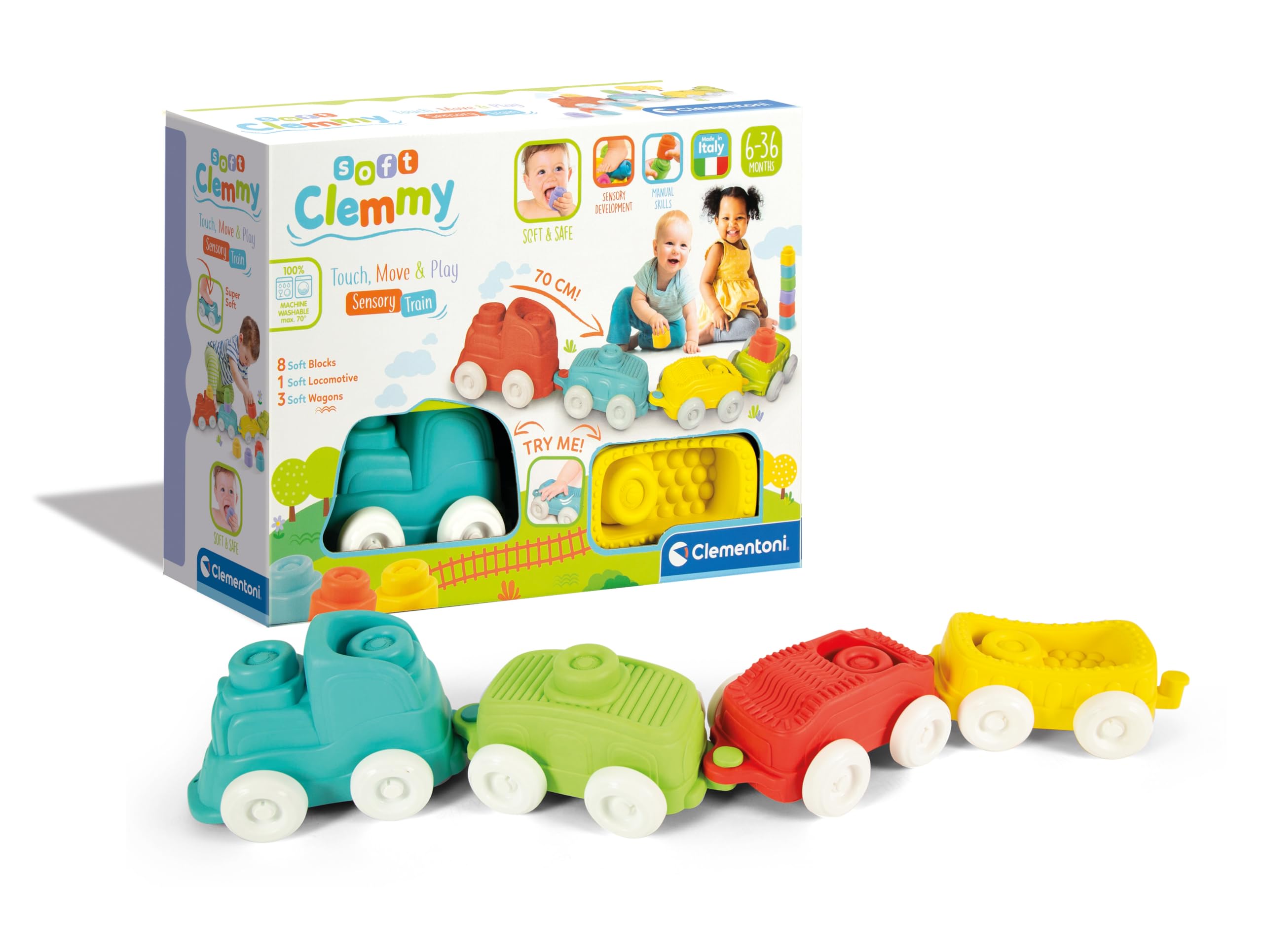 Clementoni 17424 Clemmy zestaw do zabawy sensorycznej z miękkimi cegłami - wyprodukowano we Włoszech, można prać, 6 miesięcy +