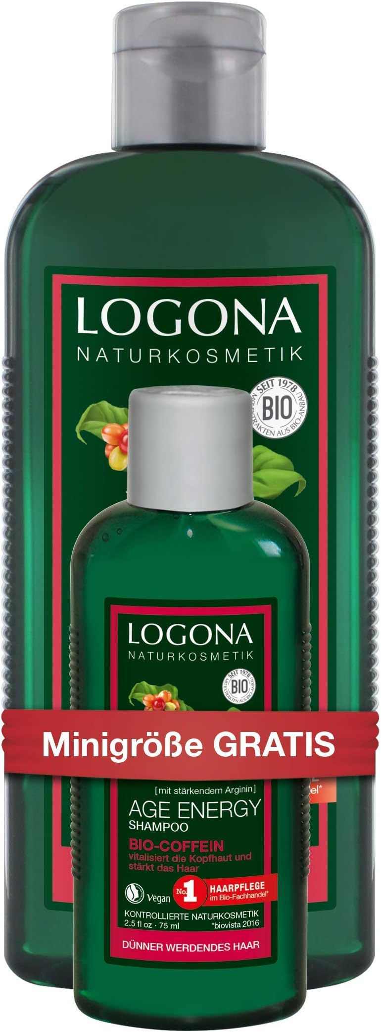 Logona Natural Cosmetics Set Age Energy Shampoo Organic Caffeine Plus Travel Size Pack of 2 (1 x 250 ml, 1 x 75 ml)