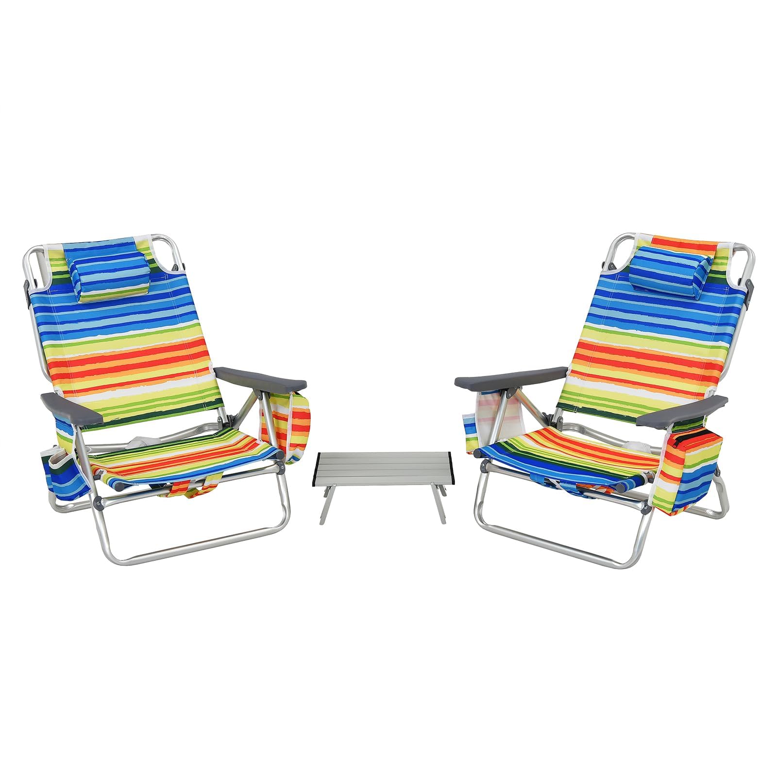 KOMFOTTEU Chaises de Plage Pliables avec Table Basse, Fauteil de Plage avec Appui-tête et Dossier réglable, Chaise de Camping, avec Sac de Glace, Sac de Rangement, Porte-gobelet (Jaune)