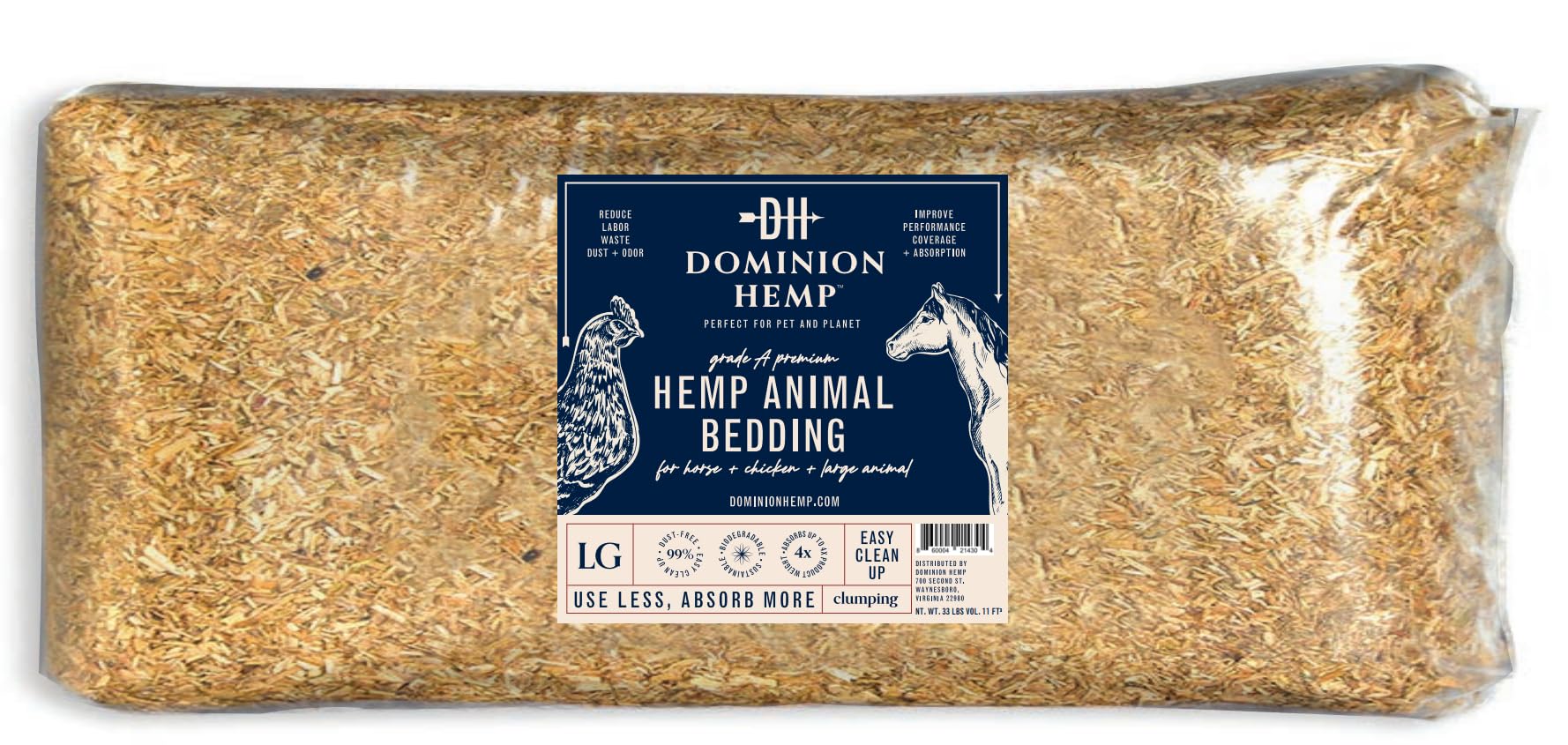 32 Lb Bag of Dominion Hemp, Grade A Premium USA Grown Chicken Coop Hemp Bedding, (285L), 10+ Cubic Feet, Soft Bedding for Coops, Nesting Boxes, Horse Stalls, Small & Large Animals