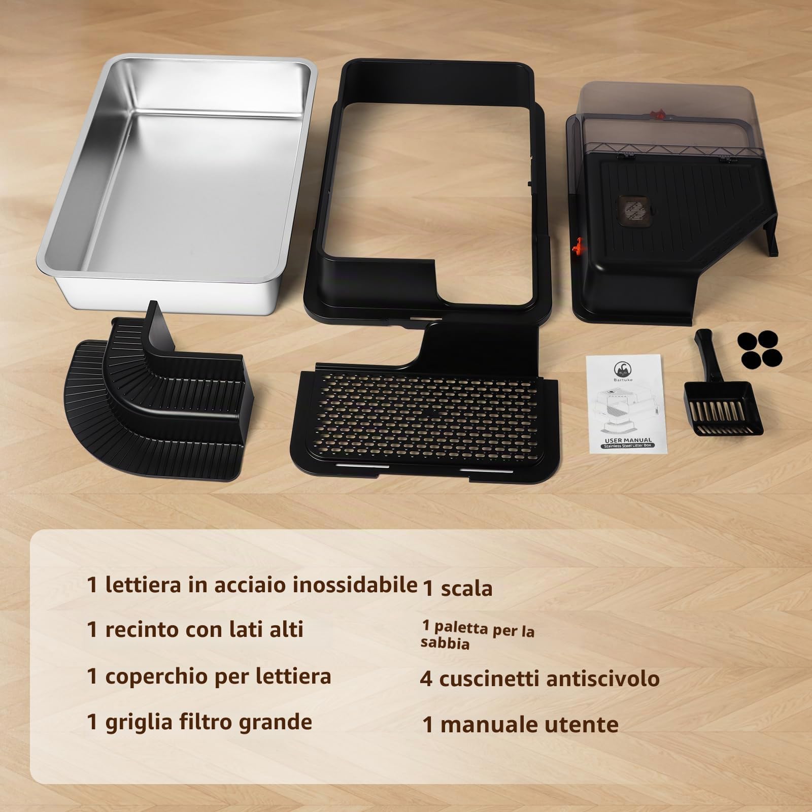 Lettiera per gatti in acciaio inox, con parete laterale alta, in metallo, con marcia filtrata, gradino, pala, non adesiva, inodore, facile da pulire (nero)