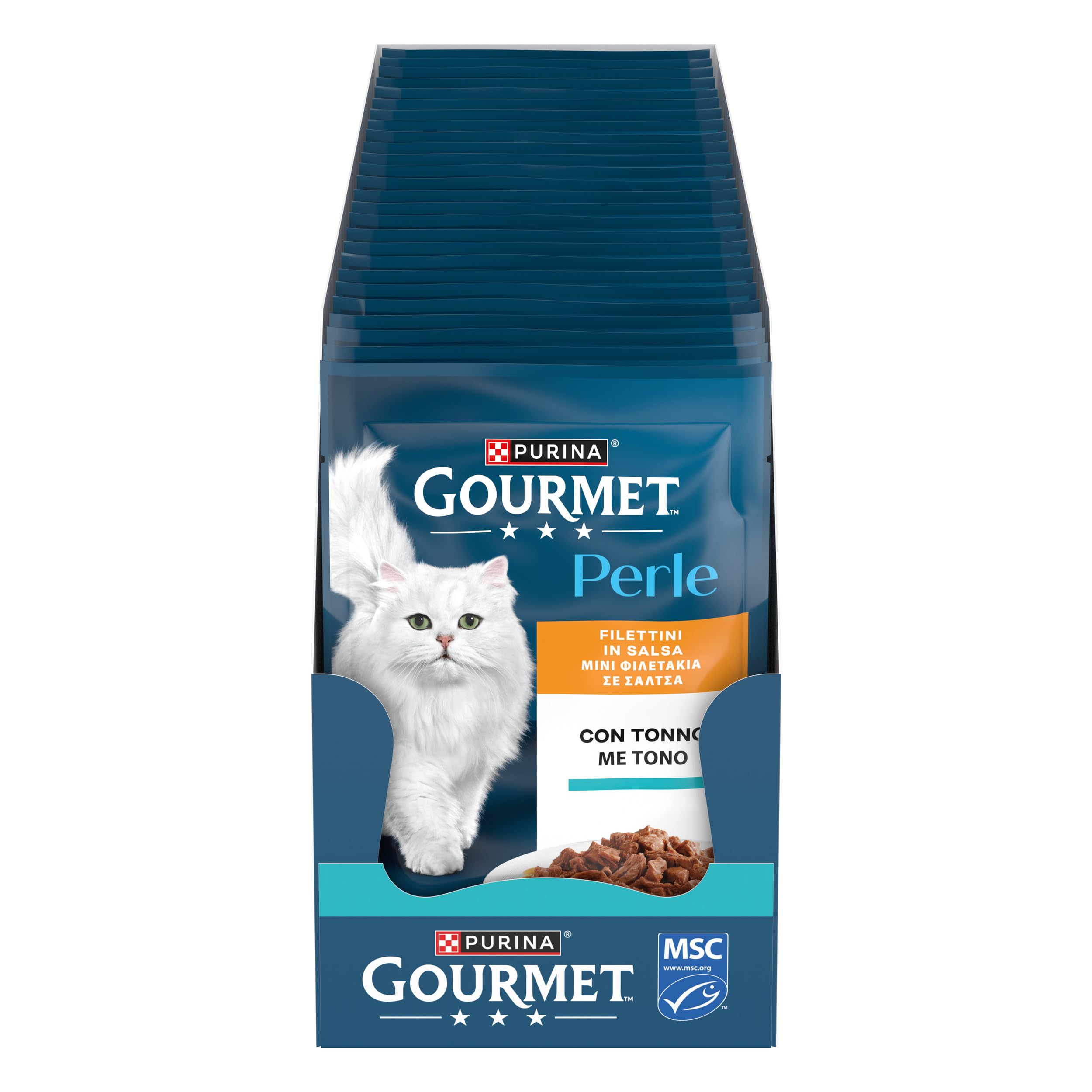 GOURMET Perle Gatto Filettini in Salsa con Tonno | Linea Perle | Confezione 26x85g