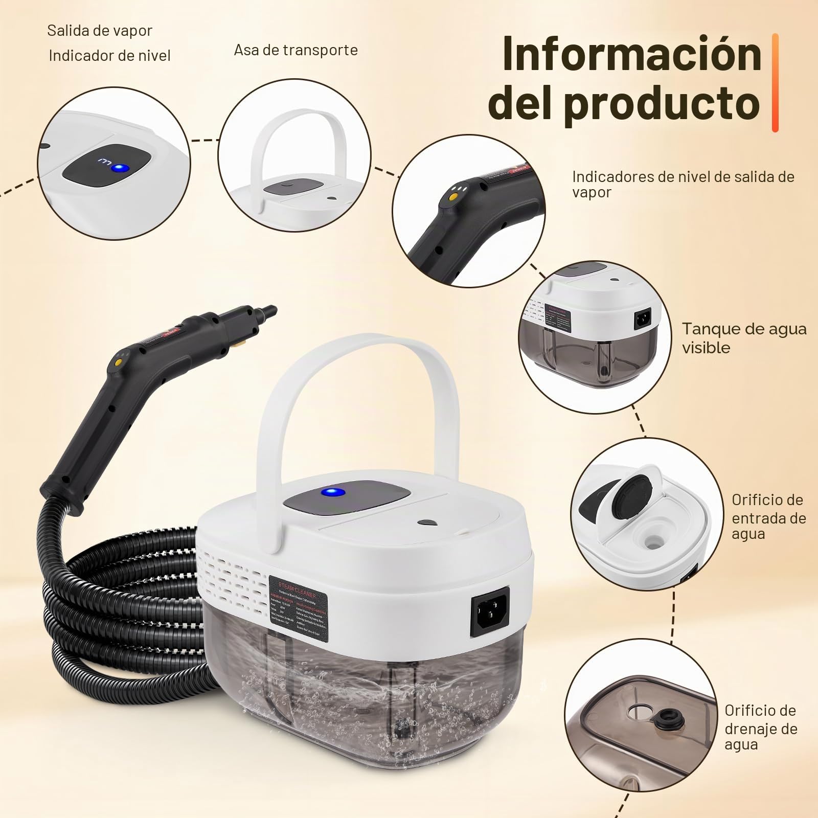 Limpiador de Vapor Portátil 2500W con Depósito de 1,6L – Presión de 3 Bar y Vapor a 105°C – Limpieza Multiusos Sin Químicos para Suelos, Cocina, Ventanas, Tapicería