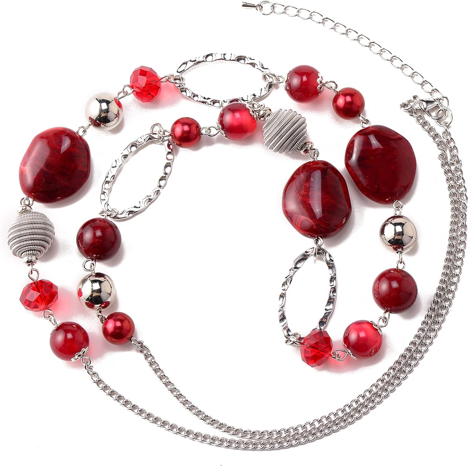 BULINLIN Beaded Long Silver Necklaces for Women Handmade Statement Sweater Chain Necklace with Crystal Beads for Fashion Jewelry gifts(Red) - Image 4