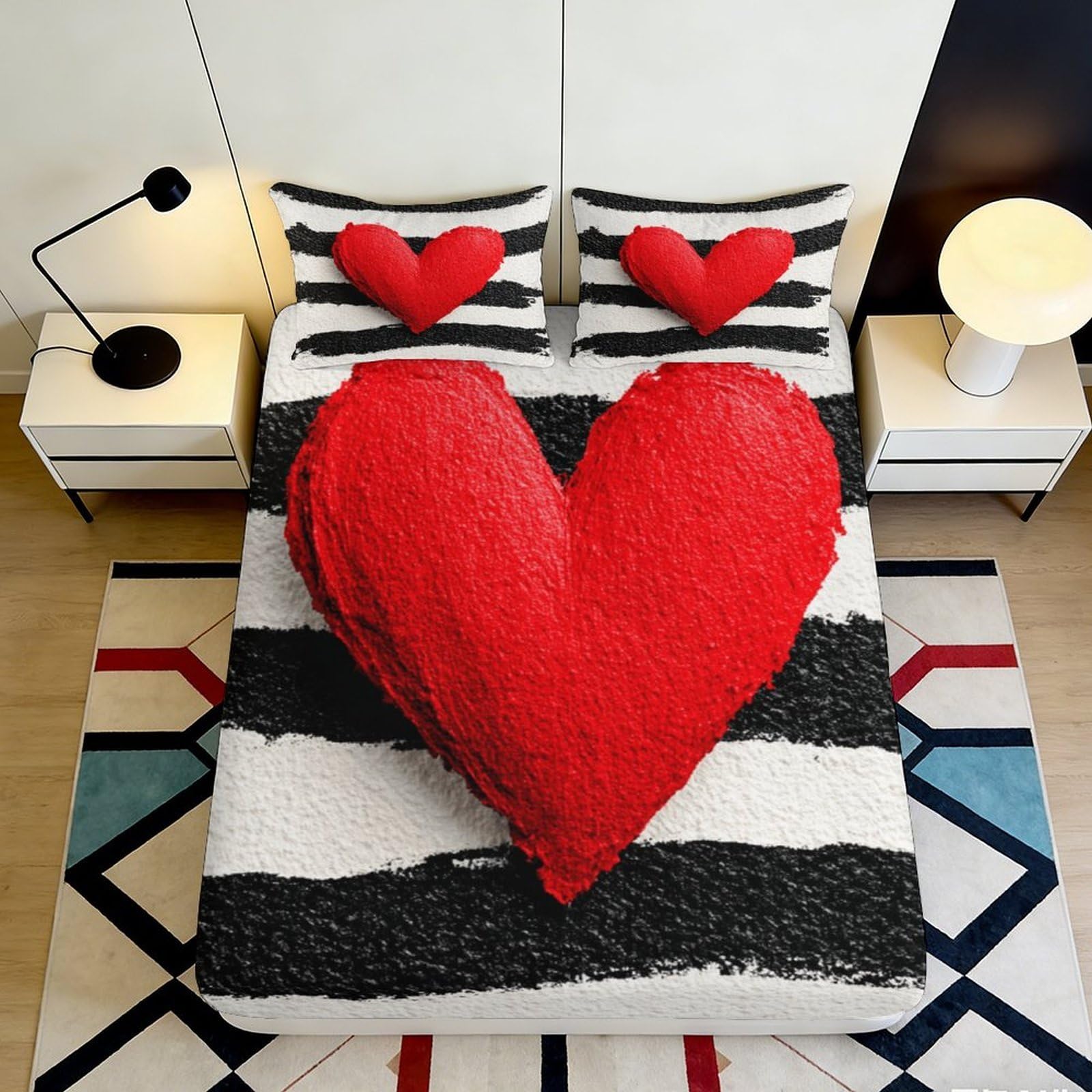 Uynsixtme Style-10 3D Printed Heart Stripe Fitted Sheet Microfiber Deep Pocket Elastic Hem For Bedroom Bedding Heart Mattress Fitted Cover 200X200x25cm