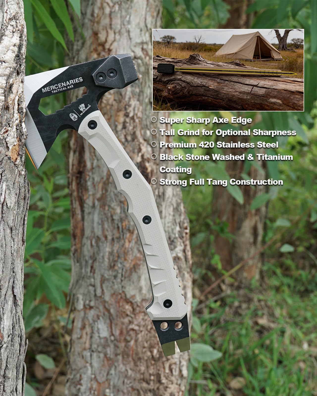 HX OUTDOORS Ascia Multifunzionale, Ascia Tattica da Sopravvivenza e Campeggio con Impugnatura G10, Lama in Acciaio Inox, Accetta da Bushcraft con Martello, Inserti Esagonali e Estrattore di Chiodi