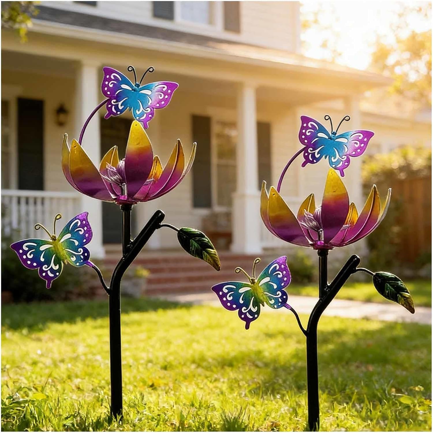 Butterfly Garden Wind Spinners for Yard, 46 inch/117cm Garden Wind Mill 360° Metal Windmills, Wind Spinners Ideal Lovely Gift for Family Friends,B（2Packs）