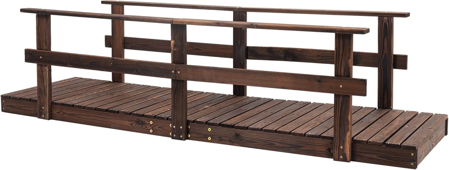 Outsunny 7ft Wooden Garden Bridge with Safety Railings - Rustic Pine Footbridge for Ponds, Streams, Backyard Pathways, Stained Finish
