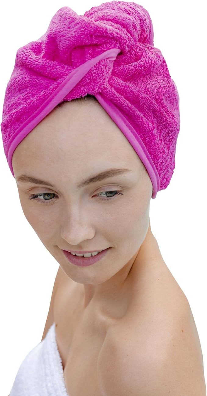 Carenesse Haarturban Baumwolle pink I Turban Handtuch mit Knopf & Schlaufe saugstark I Stabiles Haarhandtuch zur natürlich schonenden Haartrocknung OHNE Mikroplastik