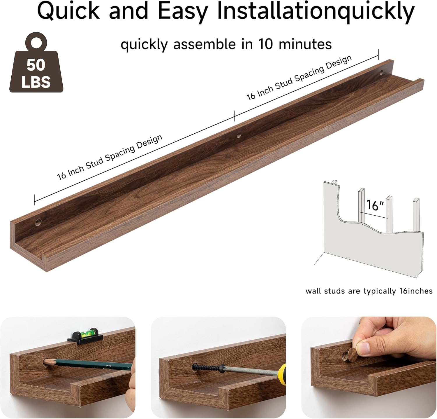 Fun Memories Picture Ledge Shelf, 32 Inch Floating Shelves Set of 2, Large Nursery Book Shelves for Toys Storage, Kids Bookshelf Wall Mounted for Wall Decor Books Photo Frames, Walnut