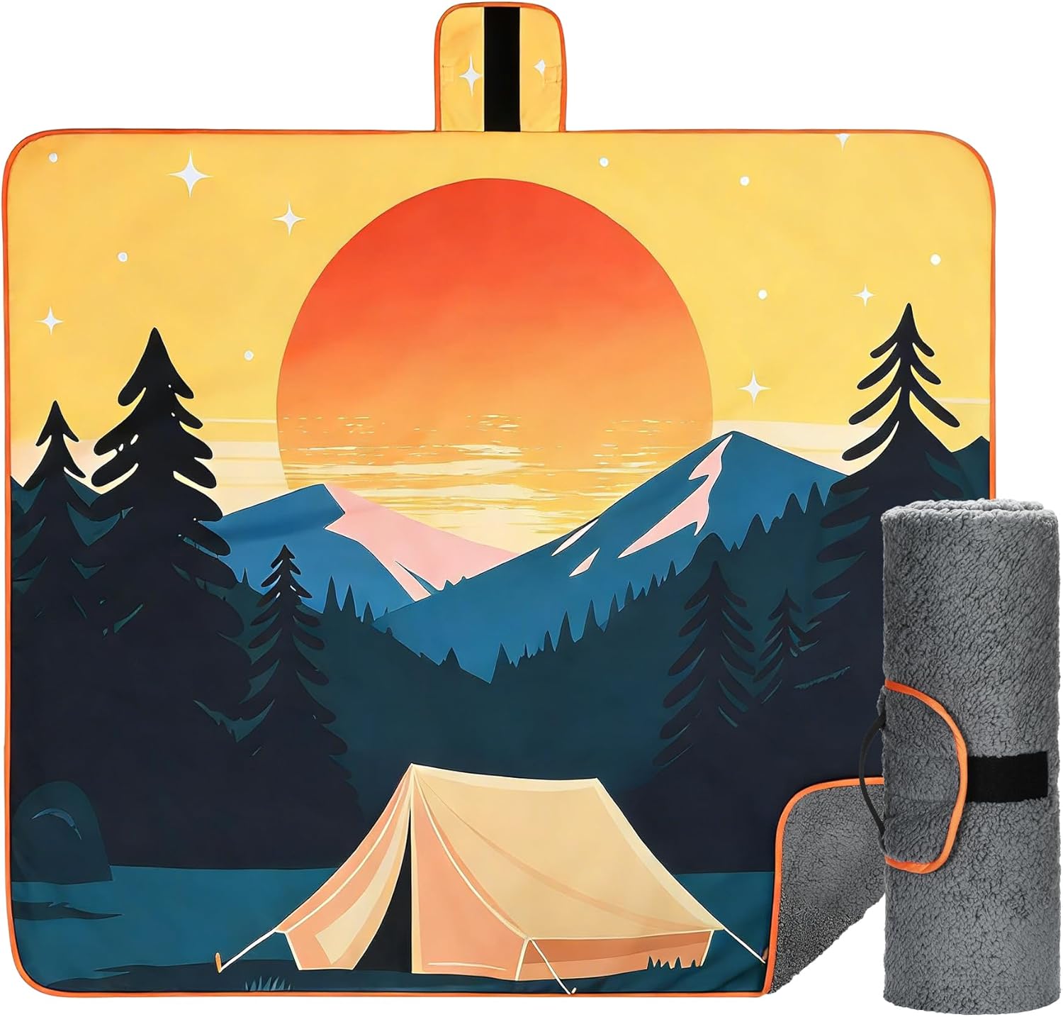Tirrinia Waterproof Outdoor Blanket, Warm Windproof Stadium Blankets with Sherpa Lining, Foldable Camping Blanket, Emergency Blanket with Mountain Landscape Design for Car, Beach, Picnic, Hiking