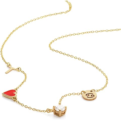 Personalized Red Heart Inez Initial Necklace with Small or Big Diamond - Custom Initial & Zodiac Sign - Jewelry for Her, Women - Dainty Gift for Mother's Day, Birthday, Christmas