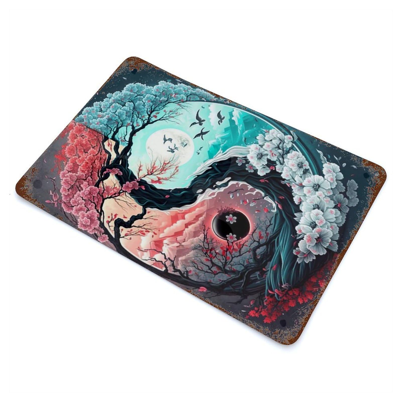 Yin And Yang Lunar Eclipse Rusty Metal Tin Sign 11.8"x7.9", Ideal for Farmhouse, Kitchen And Entryway Decor