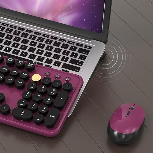 Miniatura 4 de Colorido teclado inalámbrico de computadora y mouse combinado con teclas redondas para máquina de escribir, diseño retro, interruptor de encendido,