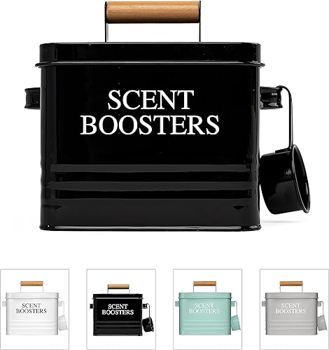 Calindiana Modern Farmhouse - Recipiente dispensador de perlas de metal para lavandería con cuchara para decoración y accesorios de lavandería,