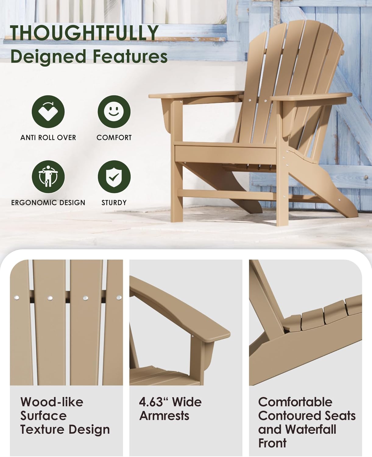 Poly Lumber Adirondack Chair Set of 2, HDPE All-Weather Resistant Outdoor Patio Chairs, Pre-Assembled Outdoor Fire Pit Chair for Pool, Deck, Backyard, Garden, Weather Wood